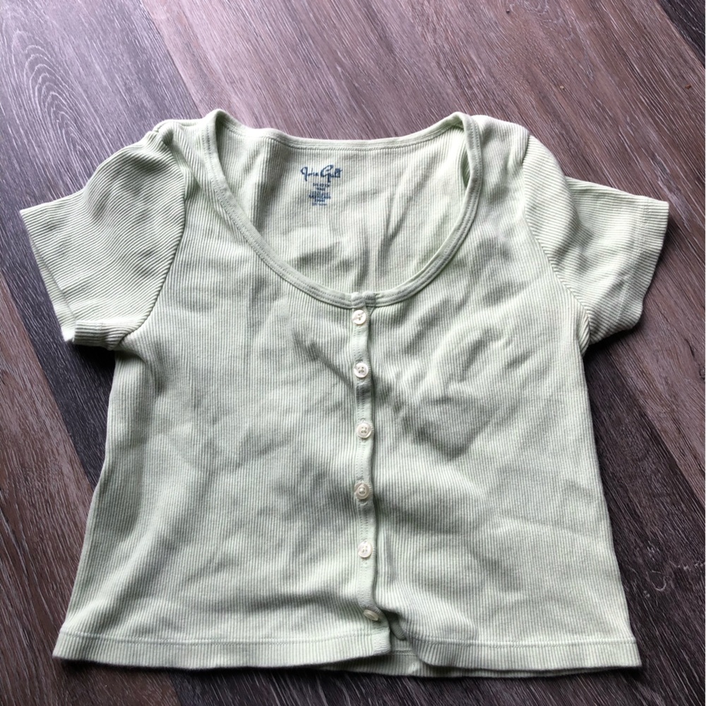 John Galt Cropped Green Button Up Short Sleeve Top Size Small